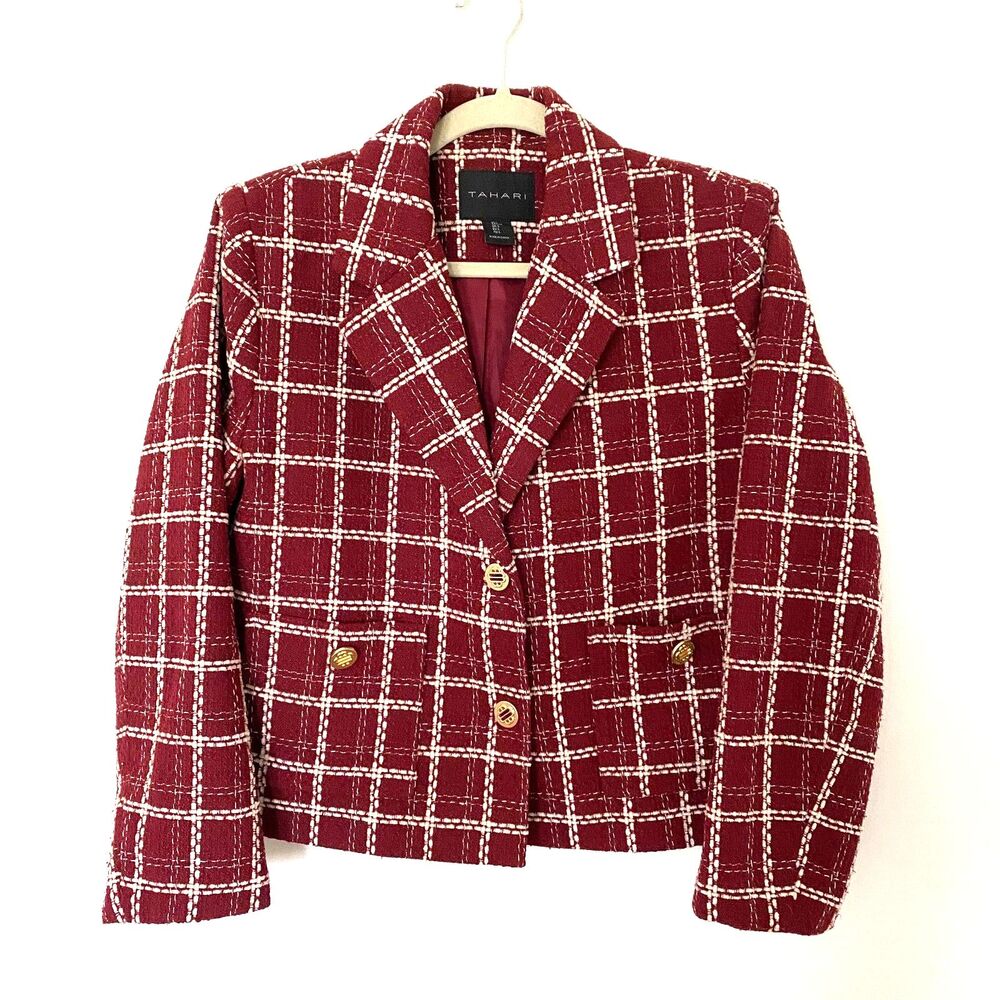 Tahari Plaid Cropped Gold Buttons Lined Tweed Clueless Preppy Jacket Blazer Sz L
